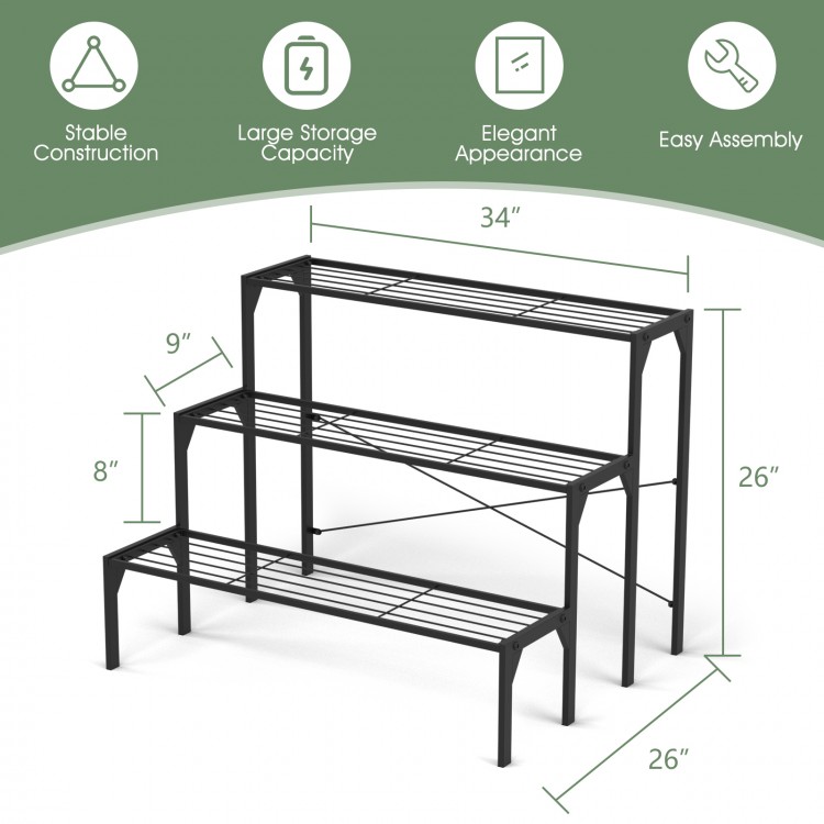 Three-tier metal plant stand with heavy-duty rack, featuring a sleek design for outdoor or indoor decorative use.