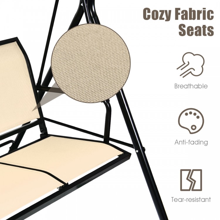 Cozy fabric seat detail of the 3-person steel frame patio swing with adjustable canopy for outdoor relaxation.