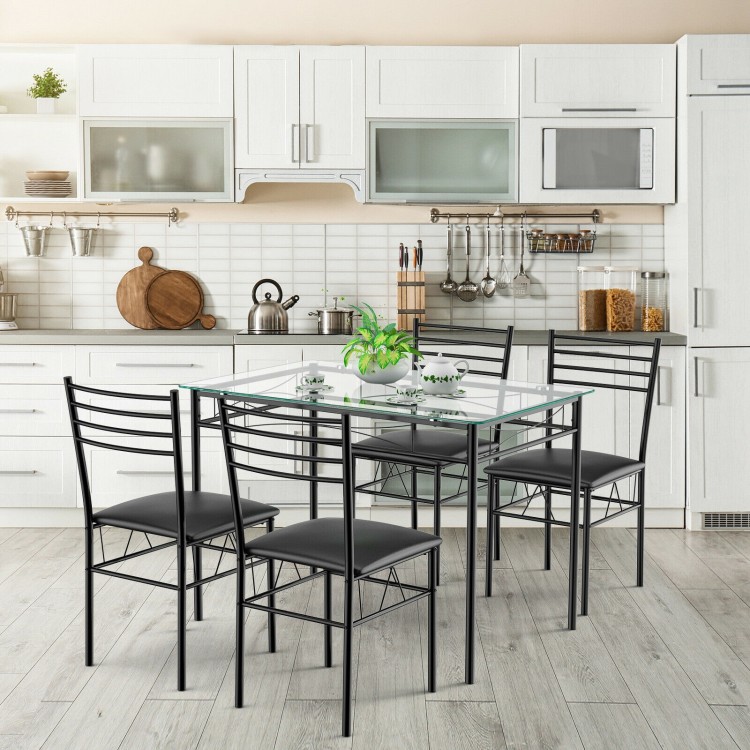 5-piece dining set featuring a tempered glass top table and 4 upholstered chairs, ideal for kitchens or dining rooms.
