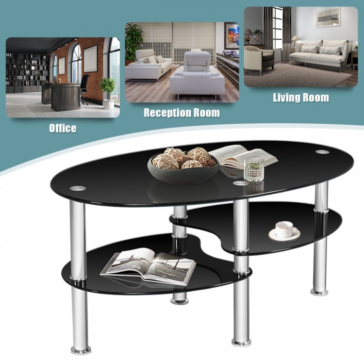 Elegant oval side coffee table in black tempered glass with chrome legs, featuring two bottom shelves for added storage.