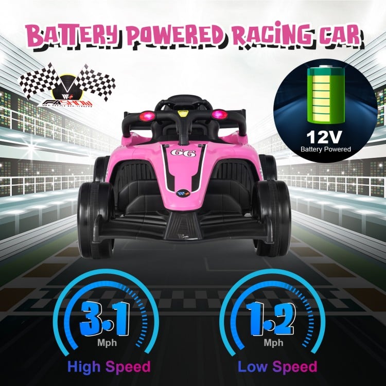 Front view of the pink 12V kids ride-on electric racing car with remote control, featuring racing design and.