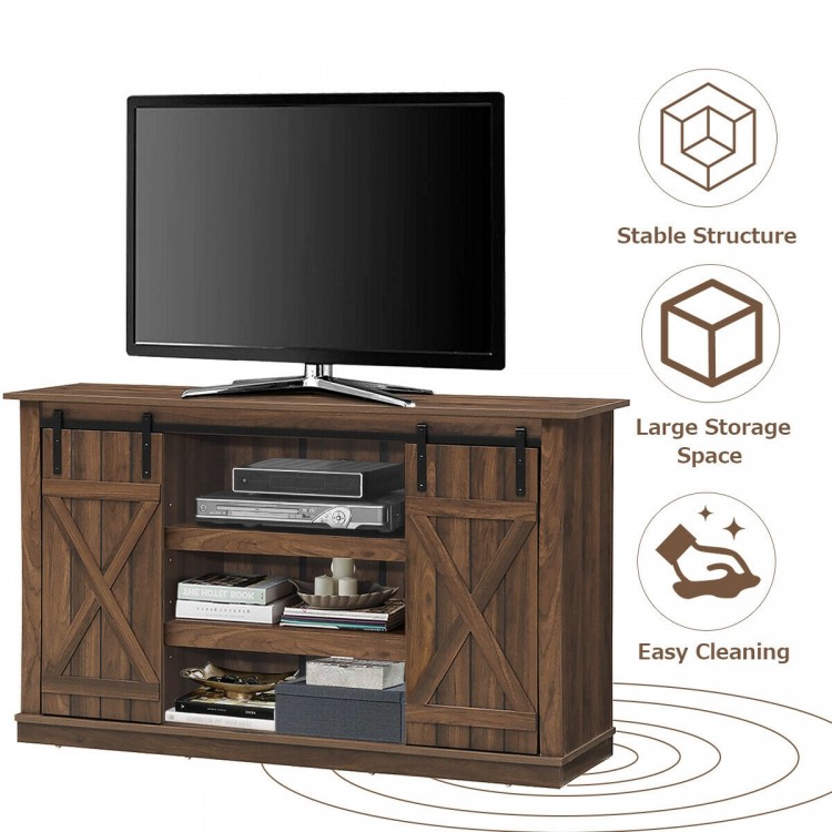 Sliding barn TV stand in brown with rustic doors, accommodating TVs up to 60", featuring ample storage space and cable.