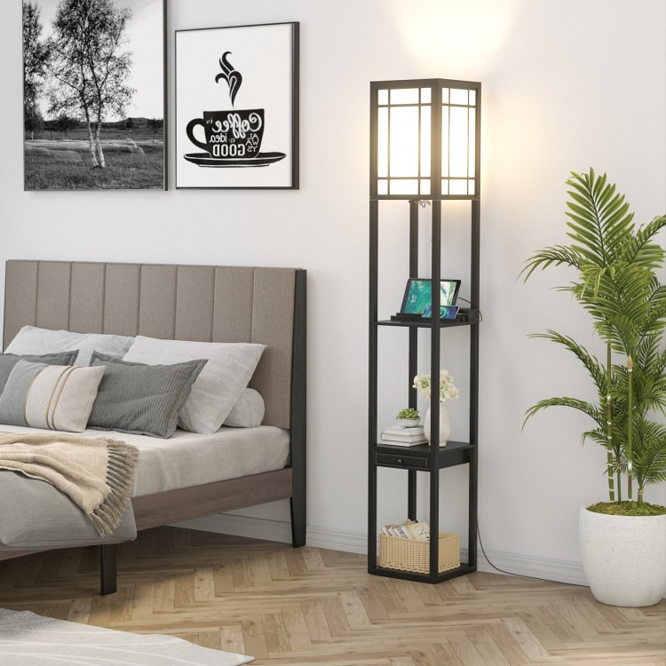 Modern floor lamp with shelves and drawer, featuring a white lampshade, USB ports, and a compact vertical design for.