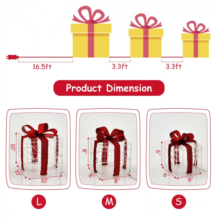 Lighted gift boxes set with red bows, featuring 60 LED lights, ideal for indoor and outdoor Christmas decorations.