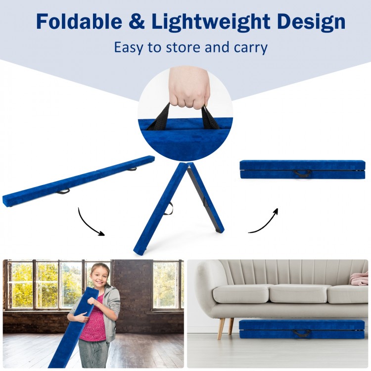 Blue 7 feet folding portable balance beam with handles, designed for gymnasts, easy to store and carry for home use.