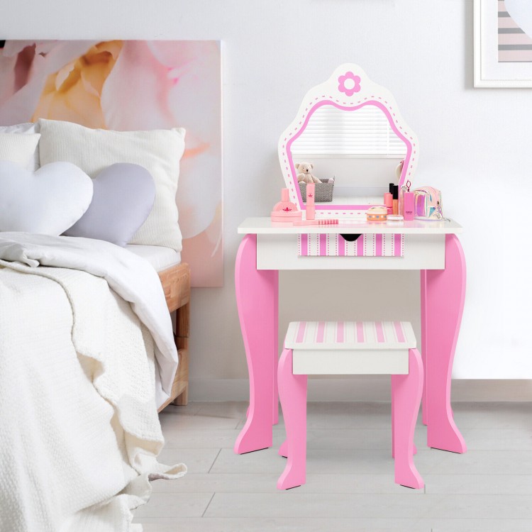 Toddler vanity set in white and pink with detachable mirror, practical drawer, and cute flower patterns for children's.