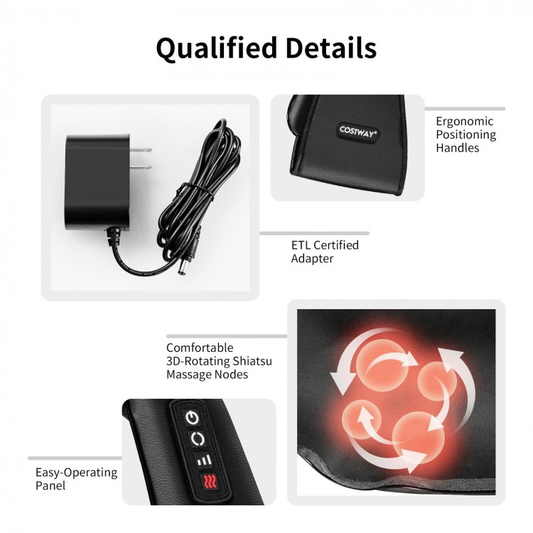 Shiatsu neck massager with heat features 8 deep-kneading nodes, ergonomic handles, and easy-operating panel for.