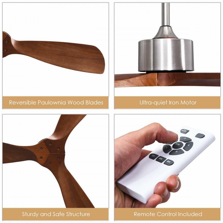 Close-up of the 52-inch ceiling fan's reversible Paulownia wood blades and remote control for easy operation.