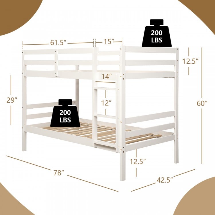 Twin wooden bunk bed in white with guardrails and wide ladder, ideal for space-saving in children's rooms.