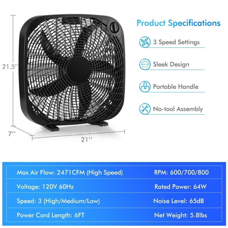 20-inch black box fan with 3 speed settings, portable handle, and quiet operation for efficient airflow in any space.
