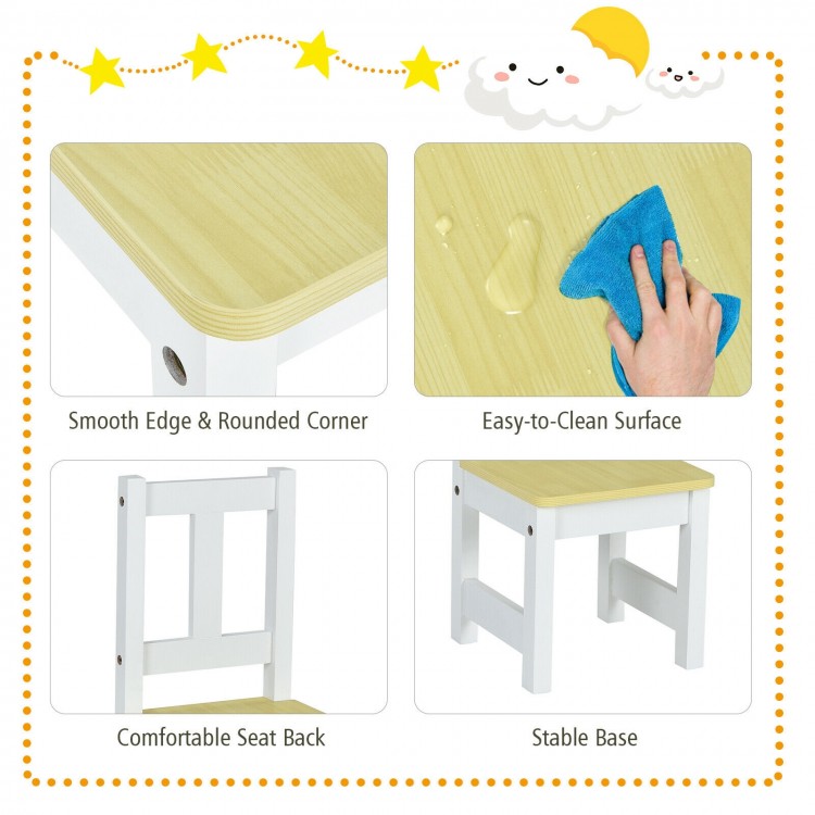 Kids wooden activity table and chairs set with smooth edges, ergonomic design, and storage bench for versatile play.
