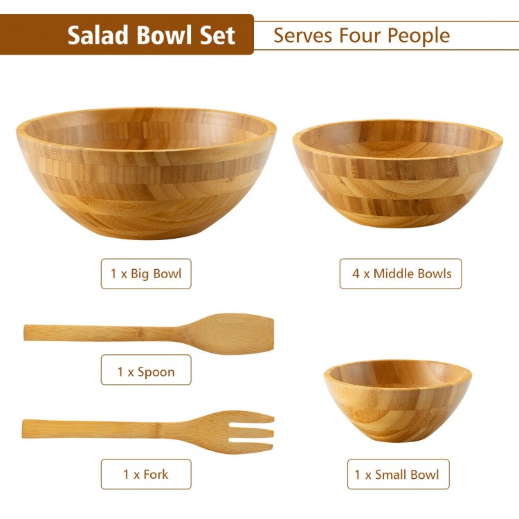 Bamboo salad bowl set including a big bowl, four middle bowls, and utensils for serving salads and snacks.