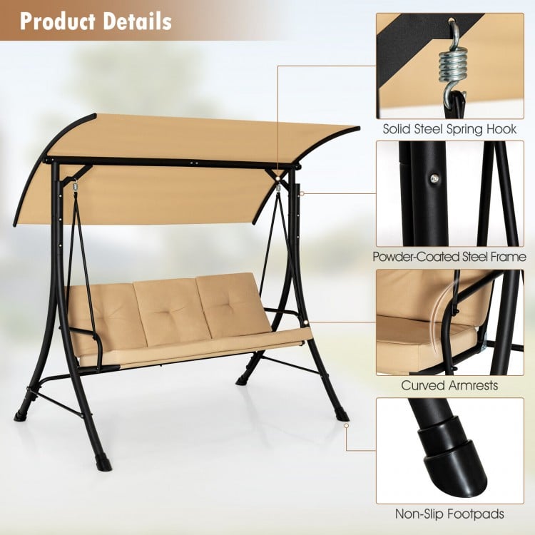 3-seat outdoor porch swing with a curved armrest design and non-slip footpads, ideal for comfortable outdoor lounging.
