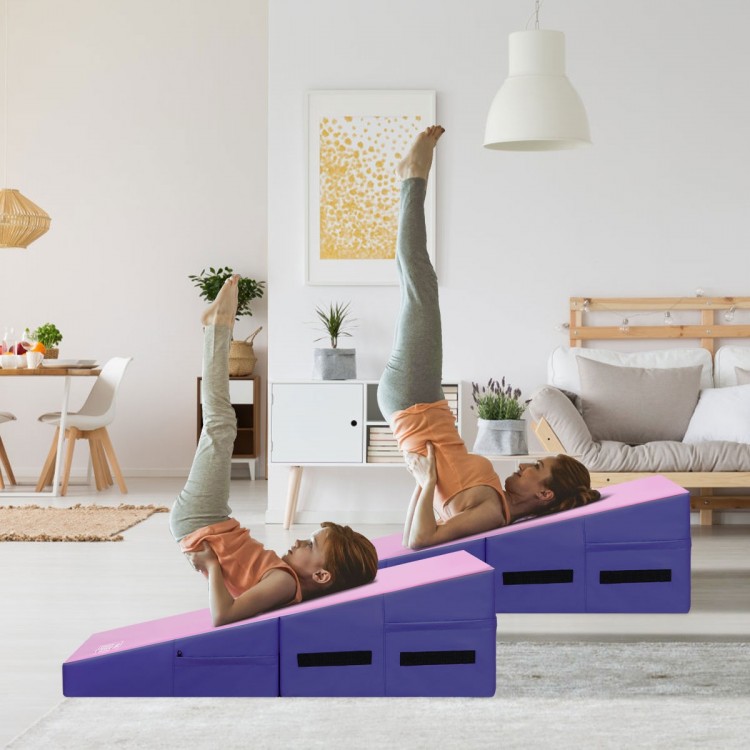 Folding wedge exercise gymnastics mat in purple, featuring handles and durable PVC cover, ideal for home workouts.