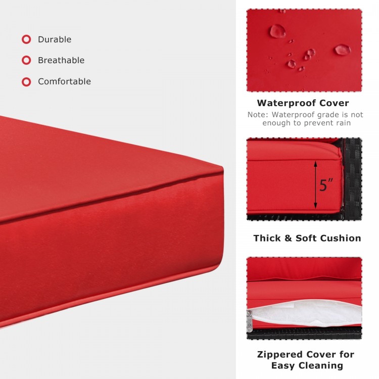 Thick red cushion for patio rattan rocker glider chair, featuring a zippered cover for easy cleaning and durability.