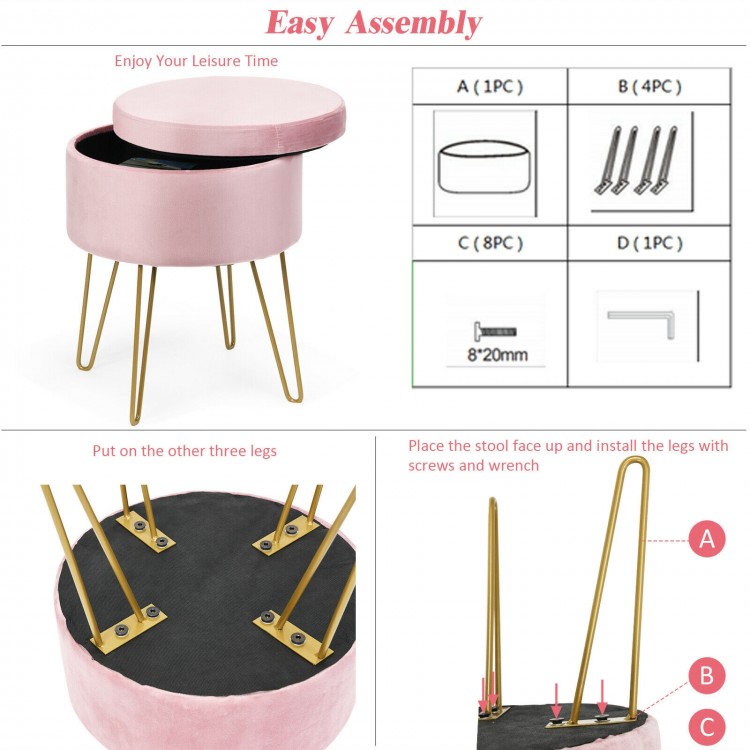 Round pink velvet storage ottoman with golden hairpin legs, ideal for dressing tables and organizing essentials.