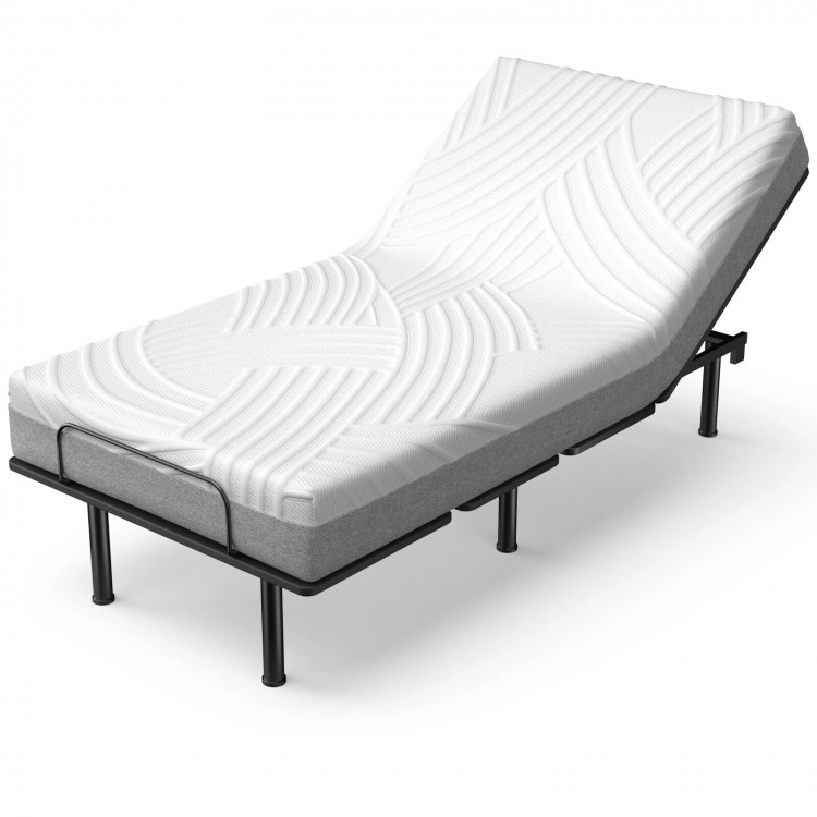 Adjustable bed with 8-inch gel memory foam mattress, featuring a steel frame and customizable head and foot angles.