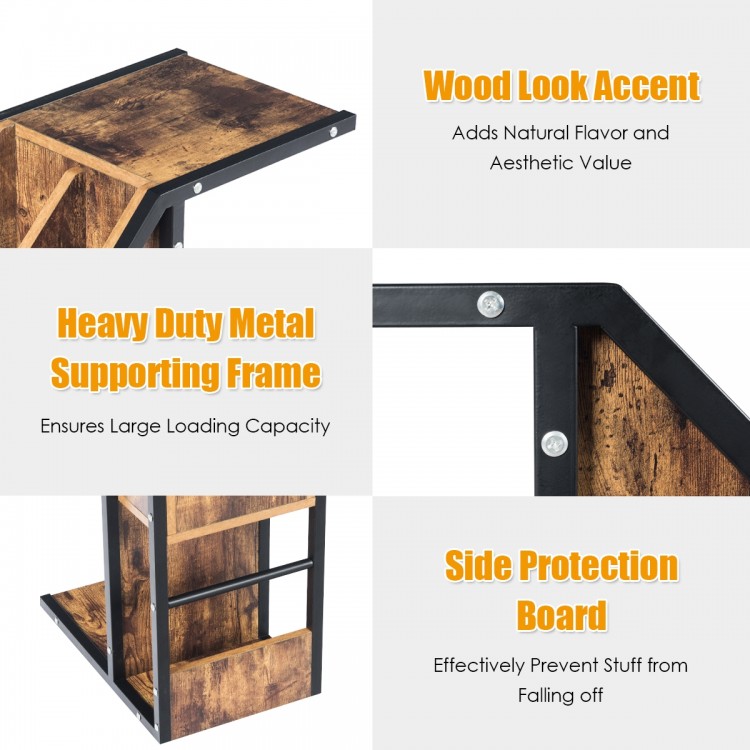 C-shape industrial snack end table with storage, featuring a wood look accent and heavy-duty metal frame for stability.