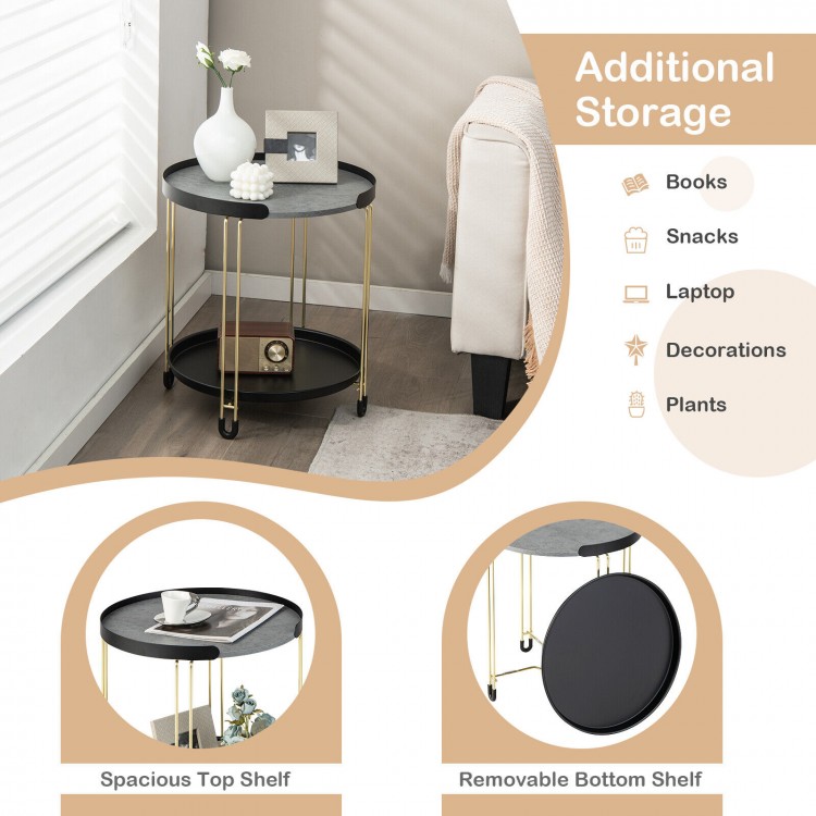 Round side table with removable tray, grey dolomite top, and golden metal frame for small spaces and versatile use.