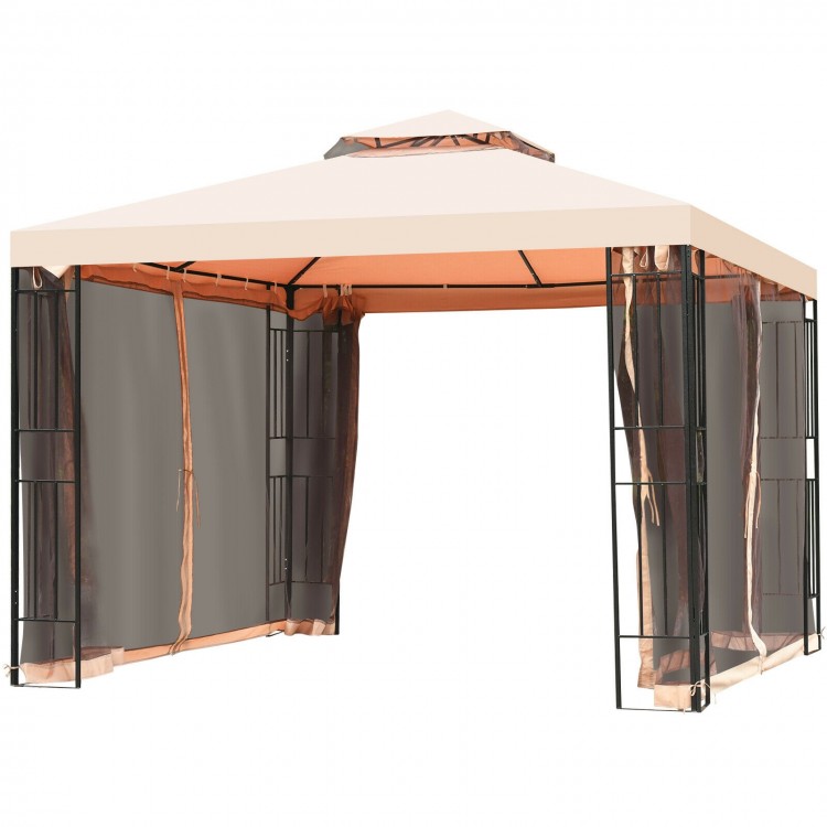 10 x 10 feet 2-tier vented metal canopy with a heavy-duty light brown top, ideal for camping and outdoor gatherings.