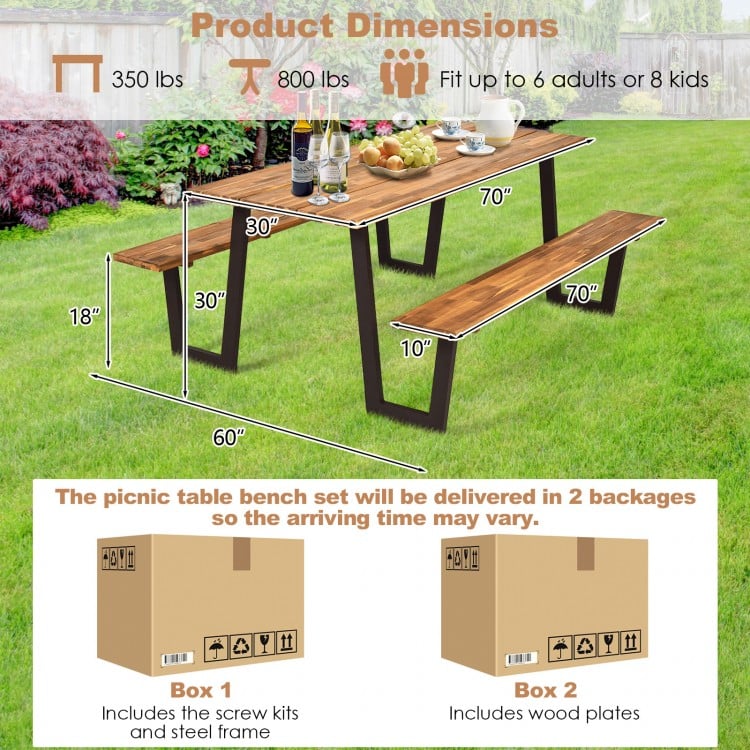 70-inch dining table set made of acacia wood with metal frame, designed for outdoor use in backyard or garden.