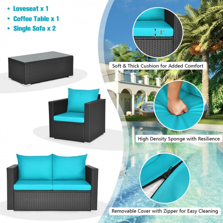 Turquoise cushioned loveseat and single sofa from a 4-piece patio rattan furniture set, ideal for outdoor relaxation.