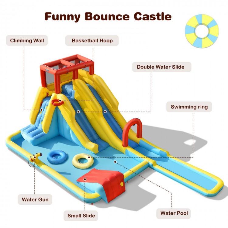 Inflatable dual slide water park bounce house with climbing wall, basketball hoop, and water pool for outdoor fun.