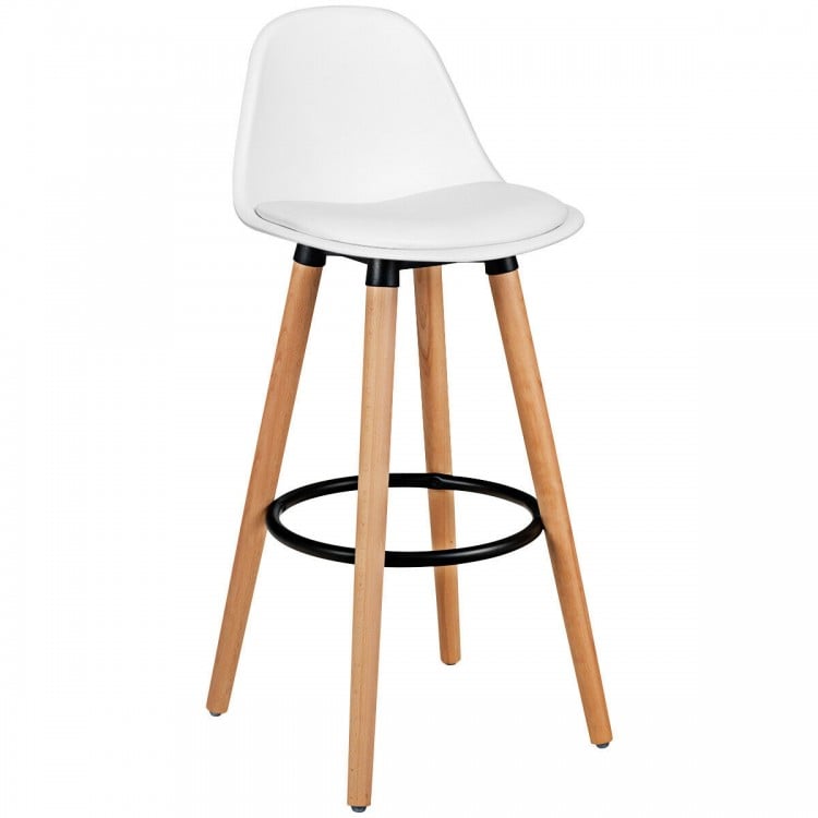 White mid-century barstool with beech wood legs and metal footrest, ideal for dining rooms or home bars.