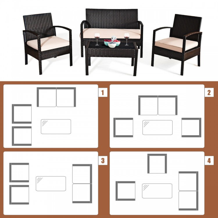 4-piece patio rattan conversation set featuring a loveseat, 2 single sofas, and a coffee table for versatile outdoor.