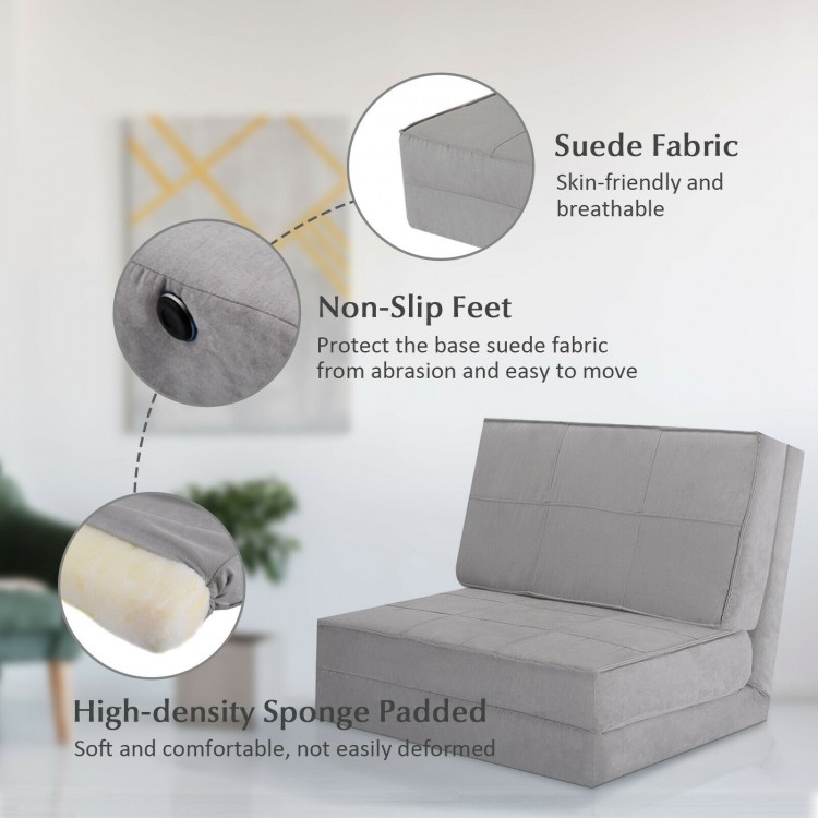 Convertible lounger sofa sleeper in gray with suede fabric, featuring adjustable positions for versatile use.