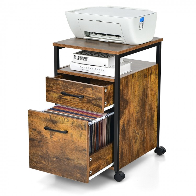 2-drawer mobile file cabinet in rustic brown with open shelf, suitable for letter size files, ideal for office use.