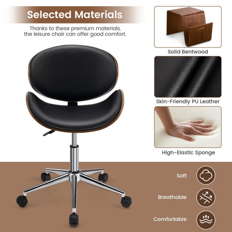 Adjustable black leather office chair with curved seat, bentwood design, and ergonomic support for comfortable seating.