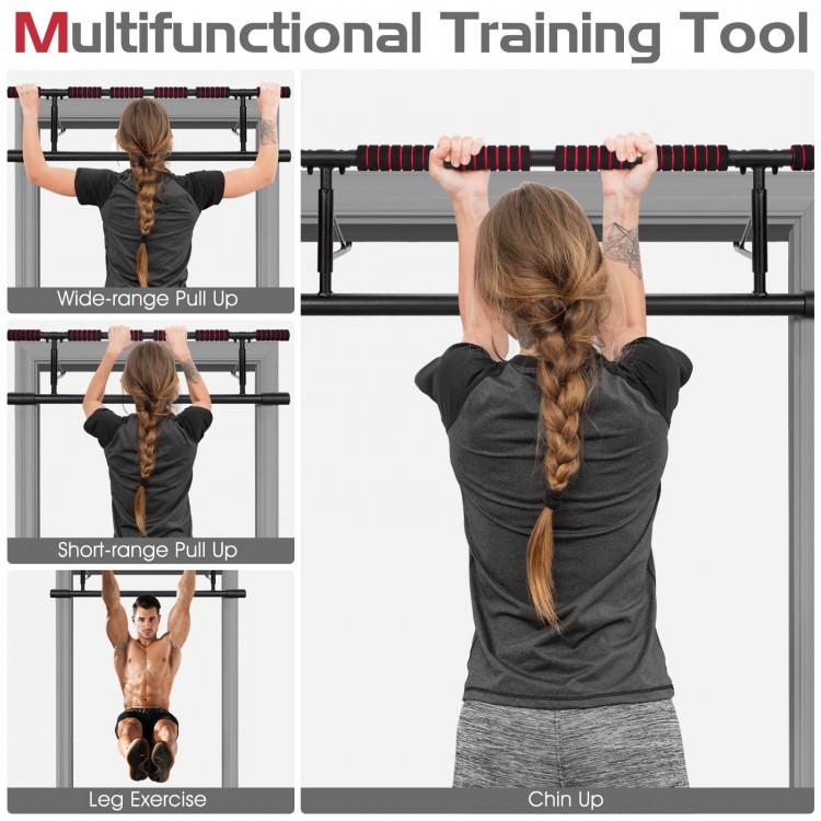 Foldable pull-up bar with foam grip, showcasing various exercises like chin-ups and leg lifts for home gym use.