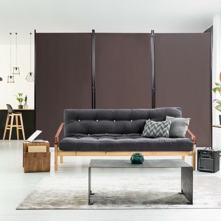 3-panel room divider in brown with durable polyester fabric and steel frame, ideal for creating private spaces in home.
