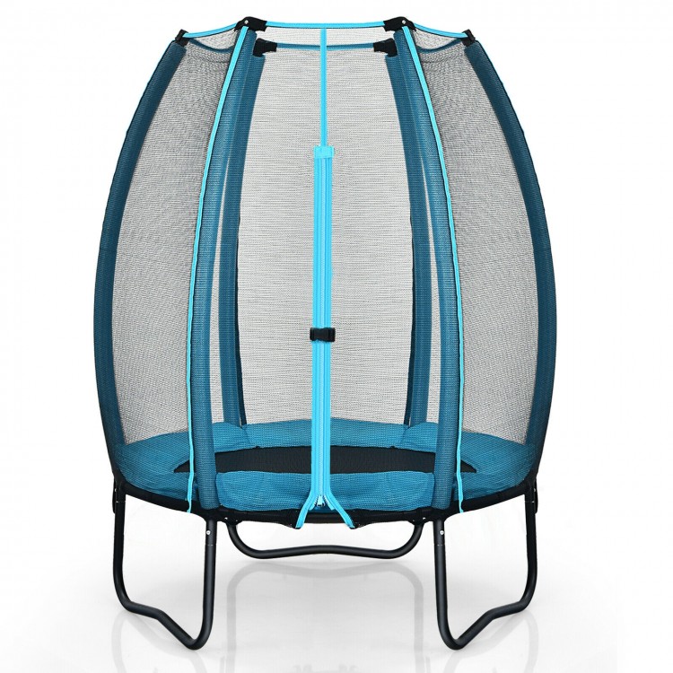 Kids trampoline with enclosure net in blue, featuring a solid steel frame and safety padding for indoor and outdoor.