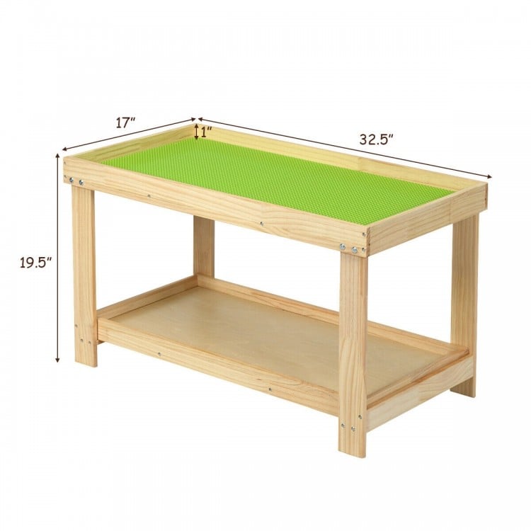 Natural pine wood kids activity play table with removable top, double storage, and rounded corners for safety.