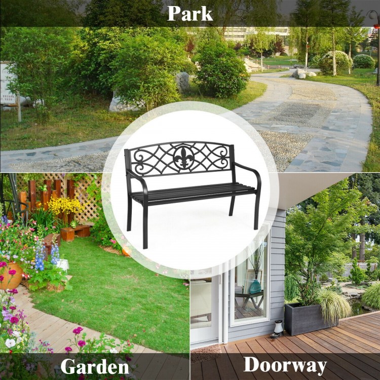 50-inch heavy-duty metal garden bench with modern backrest, suitable for parks, gardens, and balconies.
