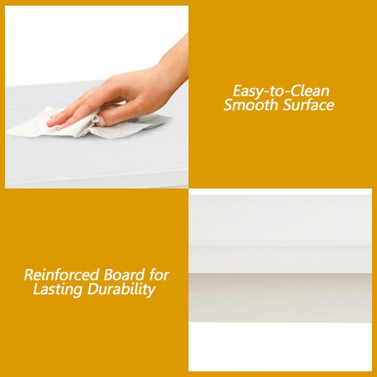 Close-up of the smooth surface of the modern white computer desk, highlighting easy cleaning and reinforced durability.