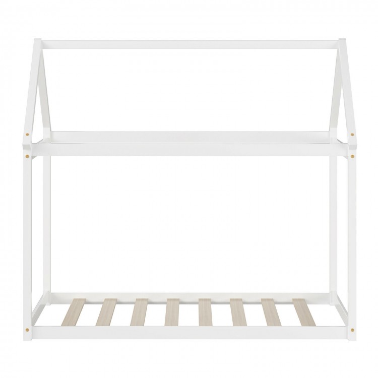 Kids platform floor bed with roof in white, featuring sturdy wooden frame and heavy-duty slats for durability.