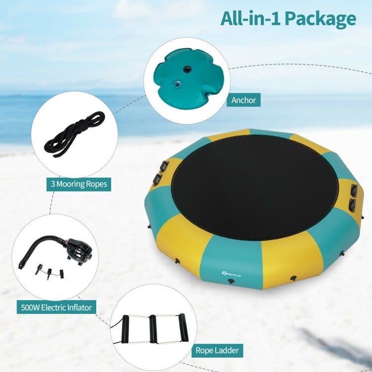 15-foot inflatable water bouncer trampoline in yellow with electric inflator, mooring ropes, and rope ladder for water.
