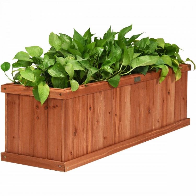 Wooden decorative planter box made of natural fir, featuring a long design with plants, ideal for indoor and outdoor.