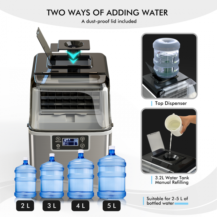 Electric portable countertop ice maker with a top water dispenser, producing 40 LBS of square ice daily for convenient.