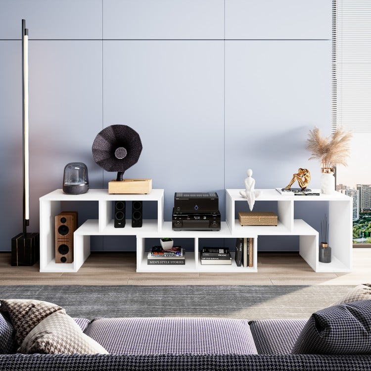 Adjustable white TV stand with 3 shelves, suitable for TVs up to 65 inches, ideal for living room or bedroom storage.