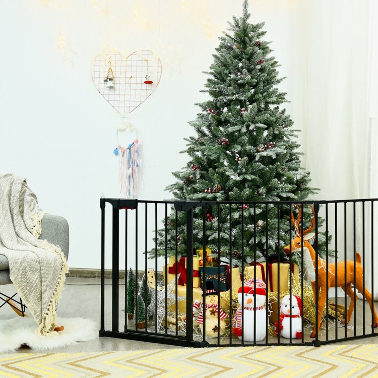 5-panel adjustable black fireplace fence made of durable steel, ideal as a pet gate or safety barrier for indoor use.