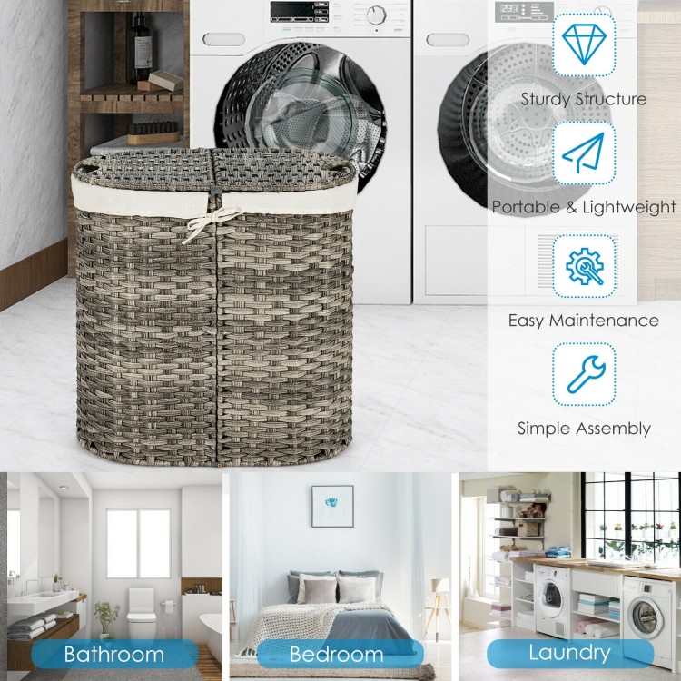 Handwoven gray laundry hamper basket with two removable liner bags, perfect for organizing clothes in bedrooms or.