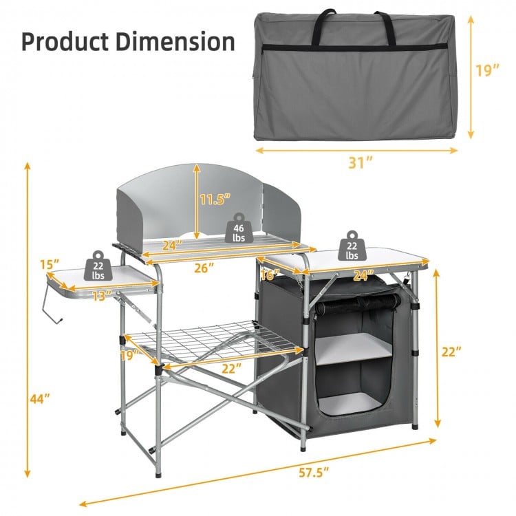 Foldable outdoor BBQ grilling table with windscreen, gray aluminum frame, and portable carrying bag for easy transport.