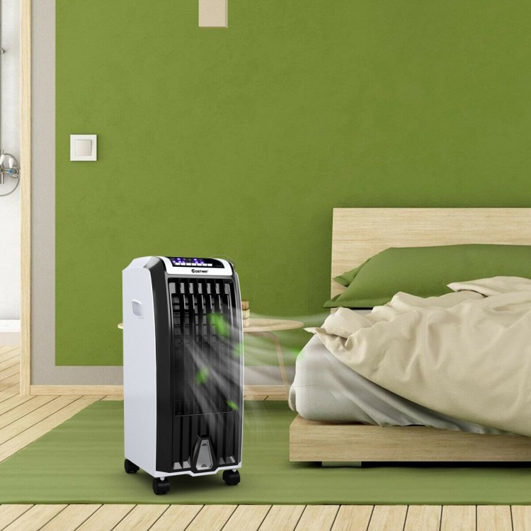 Portable evaporative air cooler with 3 wind modes, ideal for home or office use, shown in a bedroom setting.