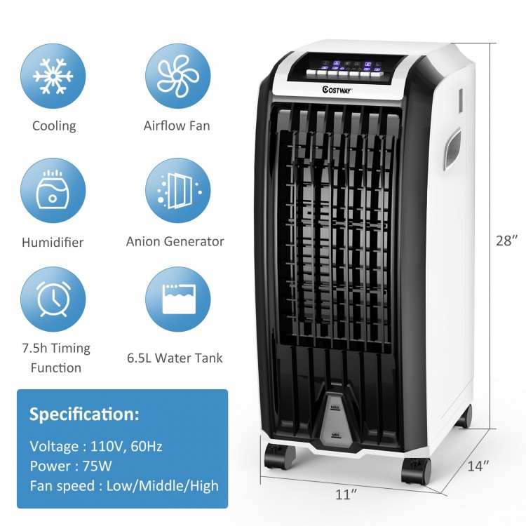 Portable evaporative air cooler with 3 wind modes, 7.5-hour timer, and 6.5L water tank for home or office use.