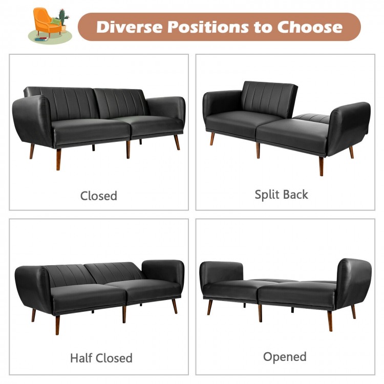 3-seat black convertible sofa bed with adjustable backrest in various positions for living room or office use.