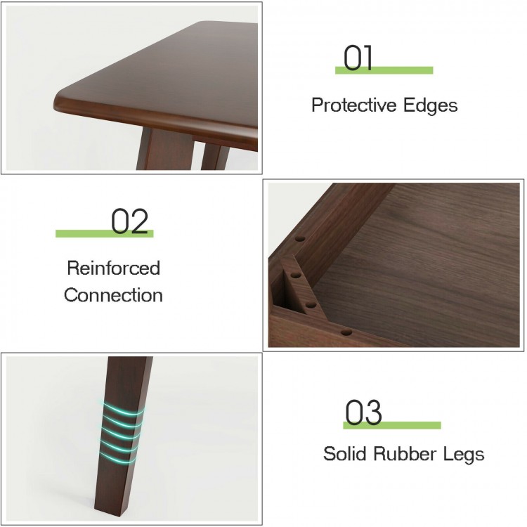 Close-up of the rectangular modern wooden coffee table showcasing protective edges and solid rubber legs for stability.